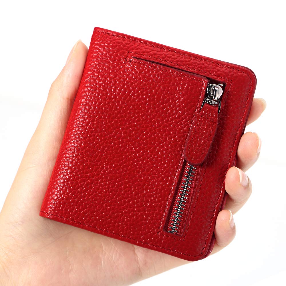 FUNTOR Small Wallets for Women, Ladies Small Compact Bifold Pocket RFID Blocking Genuine Leather Wallet for Women, Red