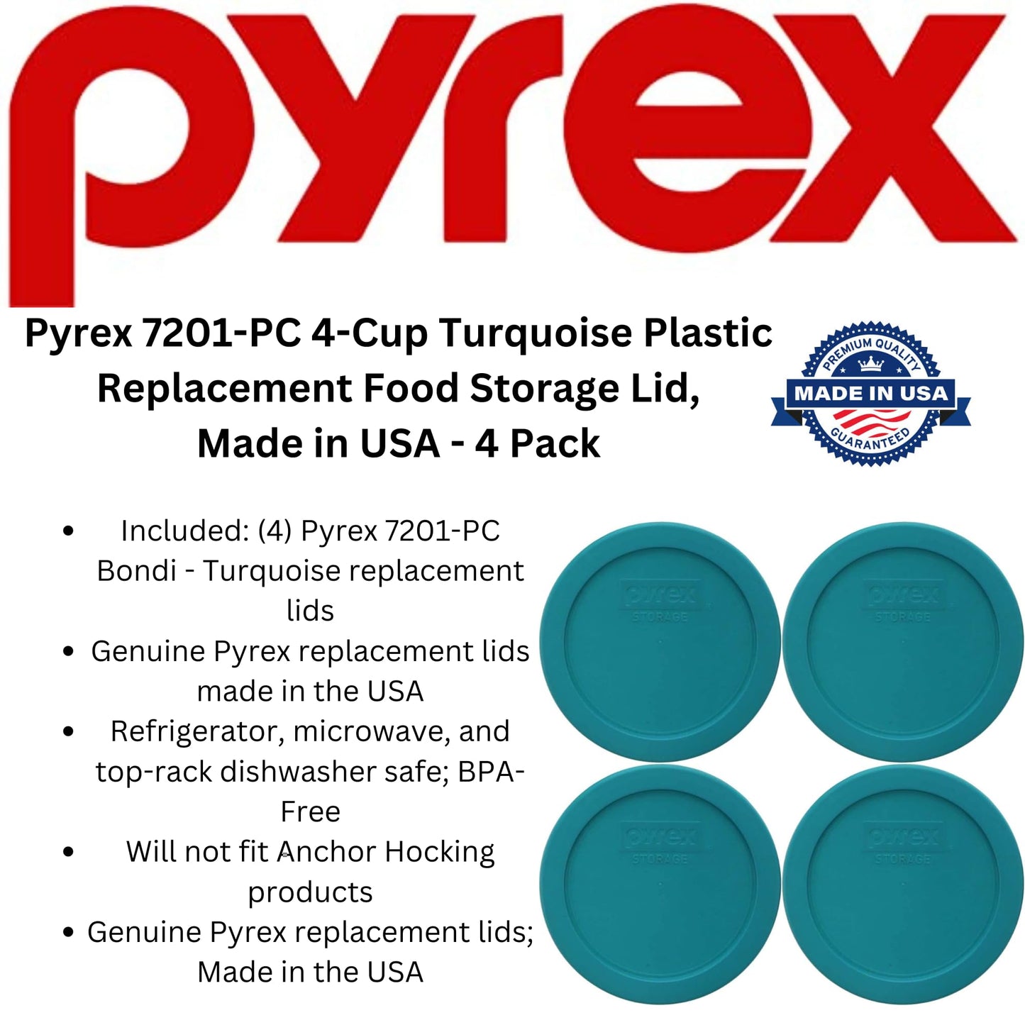Pyrex 7201-PC 4-Cup Turquoise Plastic Replacement Food Storage Original Genuine Pyrex Lid, Made in USA - 4 Pack