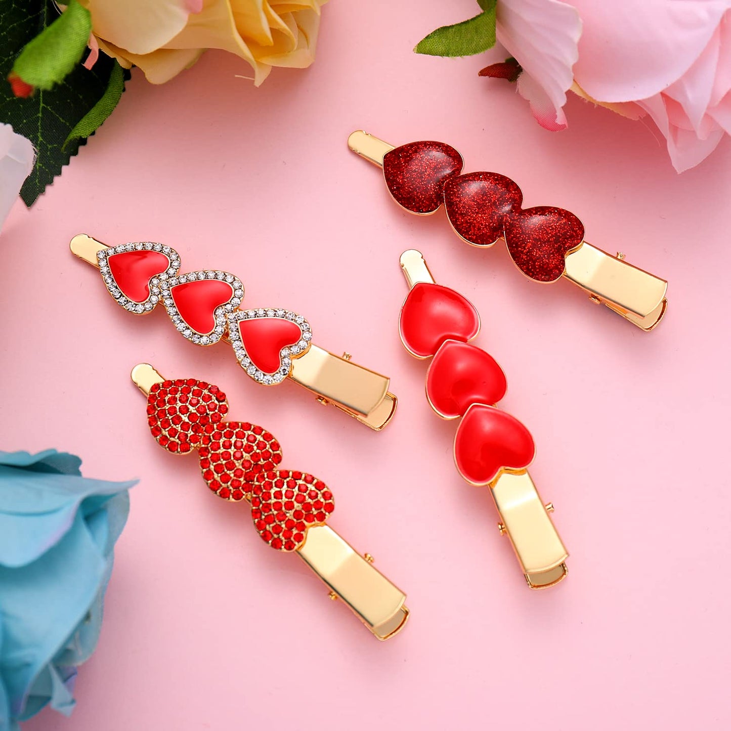 PHALIN 4PCS Valentine’s Day Hair Clips Rhinestone Heart Hairpins for Women Sweet Love Alligator Clips Barrettes Sparkling Styling Hair Accessory (4PCS