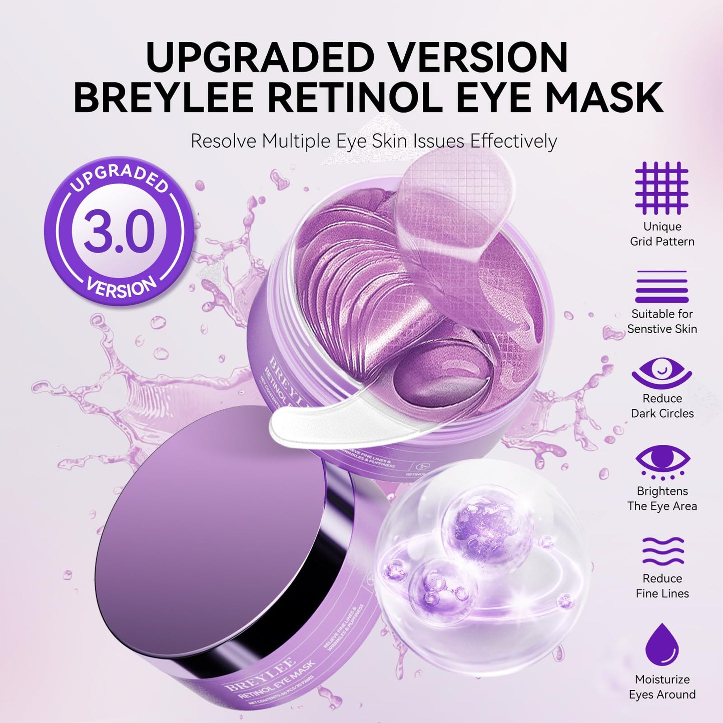 BREYLEE Retinol Eye Mask Under Eye Patches with Retinol, Collagen & Hyaluronic Acid, Reduce Puffy Eyes, Dark Circles, Wrinkles & Fine Lines