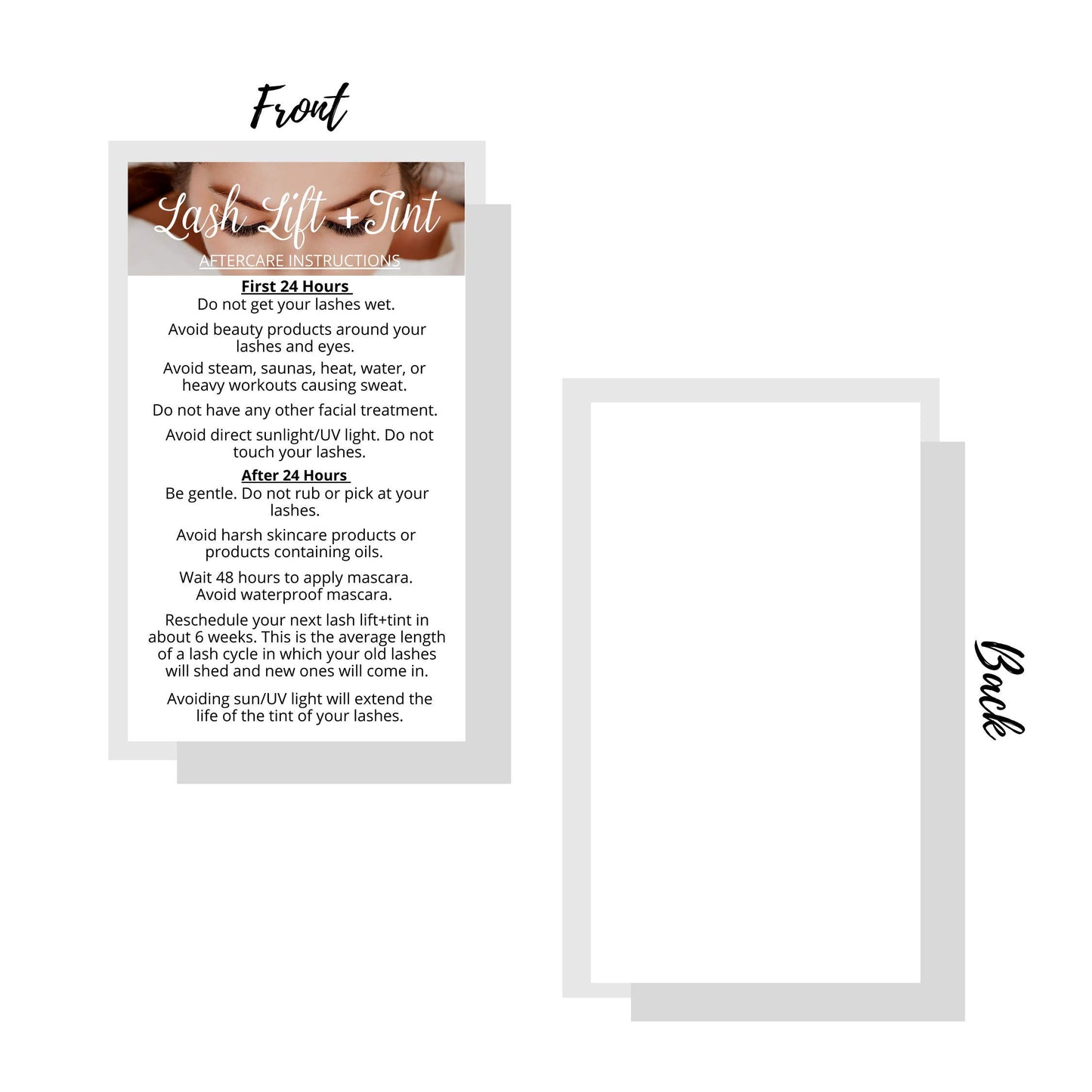 Lash Lift + Tint Aftercare Instruction Cards | 50 Pack | 2 x 3.5” inches Business Card Single Side | Eyelash Lift and Tint Kit at home diy aftercare