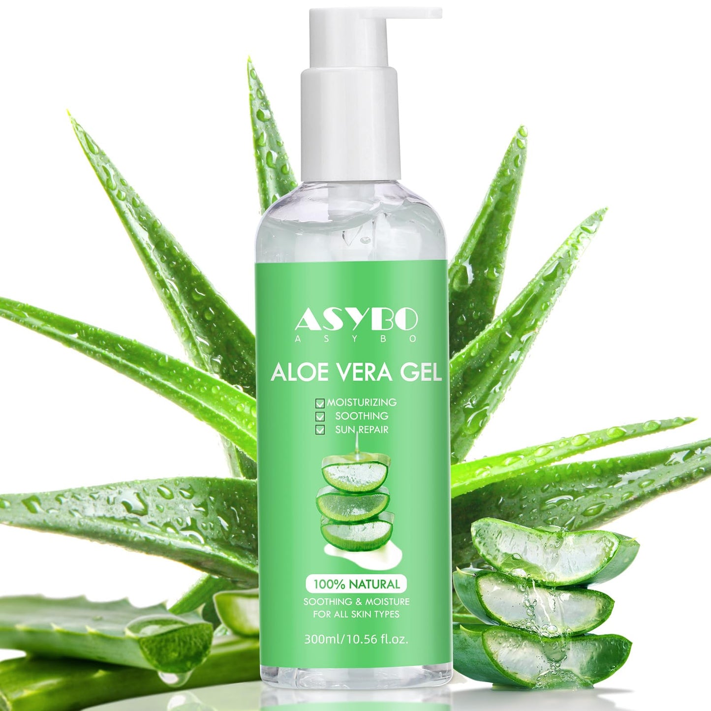 ASYBO 300 ml Aloe Vera Gel, 100% Natural Pure Aloe Vera Hydrating Facial Cream, Soothing & Moisturizing, After Sun Care, Reduce Acne, Repair Scars