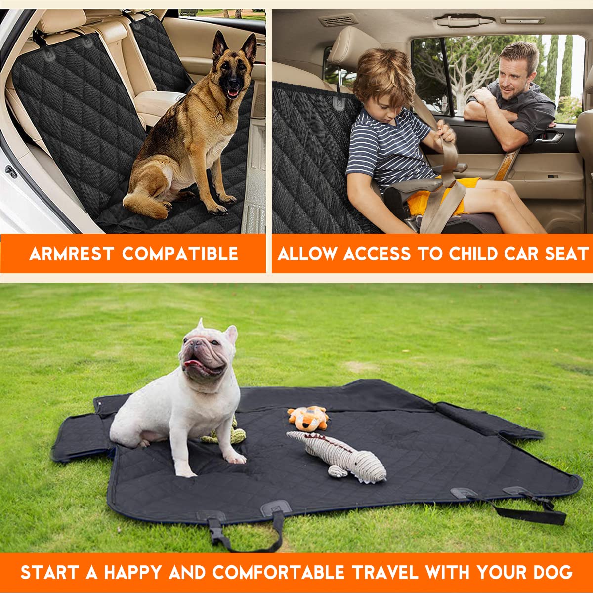 Yuntec Dog Car Seat Cover – Waterproof, Non-Slip Back Seat Protector with Middle Armrest Fit for Cars, Trucks & SUVs – Black