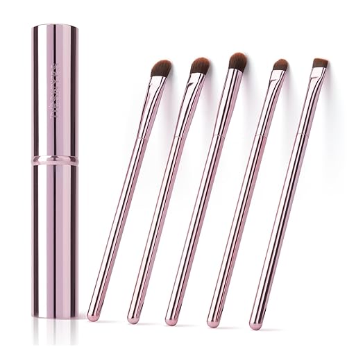 GUIGUDESN 5Pcs Pink Eyeshadow Brush Set, Premium Synthetic Bristles, Aluminum Handles, Angled, Rounded, For Eyeshadow, Eyebrow, Eyeliner