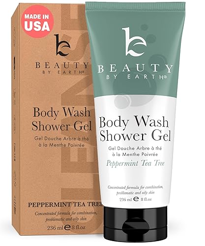 Beauty by Earth Peppermint Tea Tree Oil Shower Gel Body Wash - Made in USA with Organic & Natural Ingredients, Mens Body Soap Liquid, Moisturizing