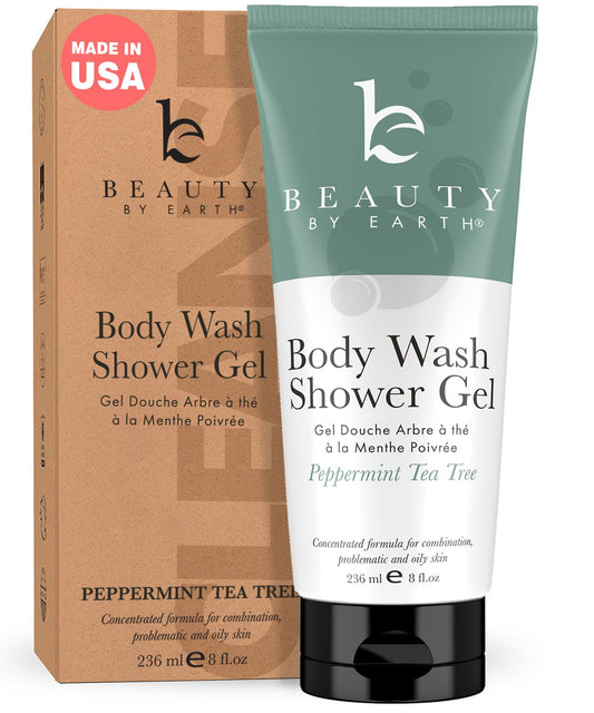 Beauty by Earth Peppermint Tea Tree Oil Shower Gel Body Wash - Made in USA with Organic & Natural Ingredients, Mens Body Soap Liquid, Moisturizing