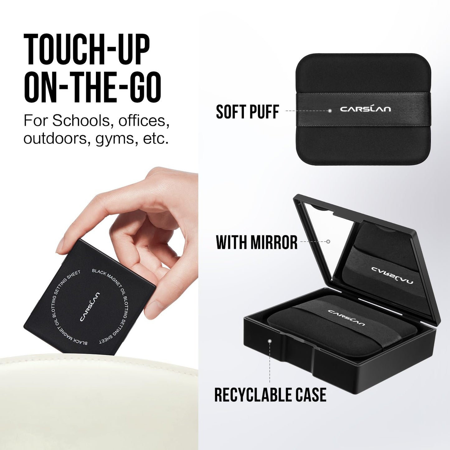 CARSLAN Makeup Blotting Paper with Powder, Black Magnet Blotting Sheet for Oily & Combination Skin, Portable Compact with Puff & Mirror, Keeps Makeup Beauty and Personal Care CARSLAN