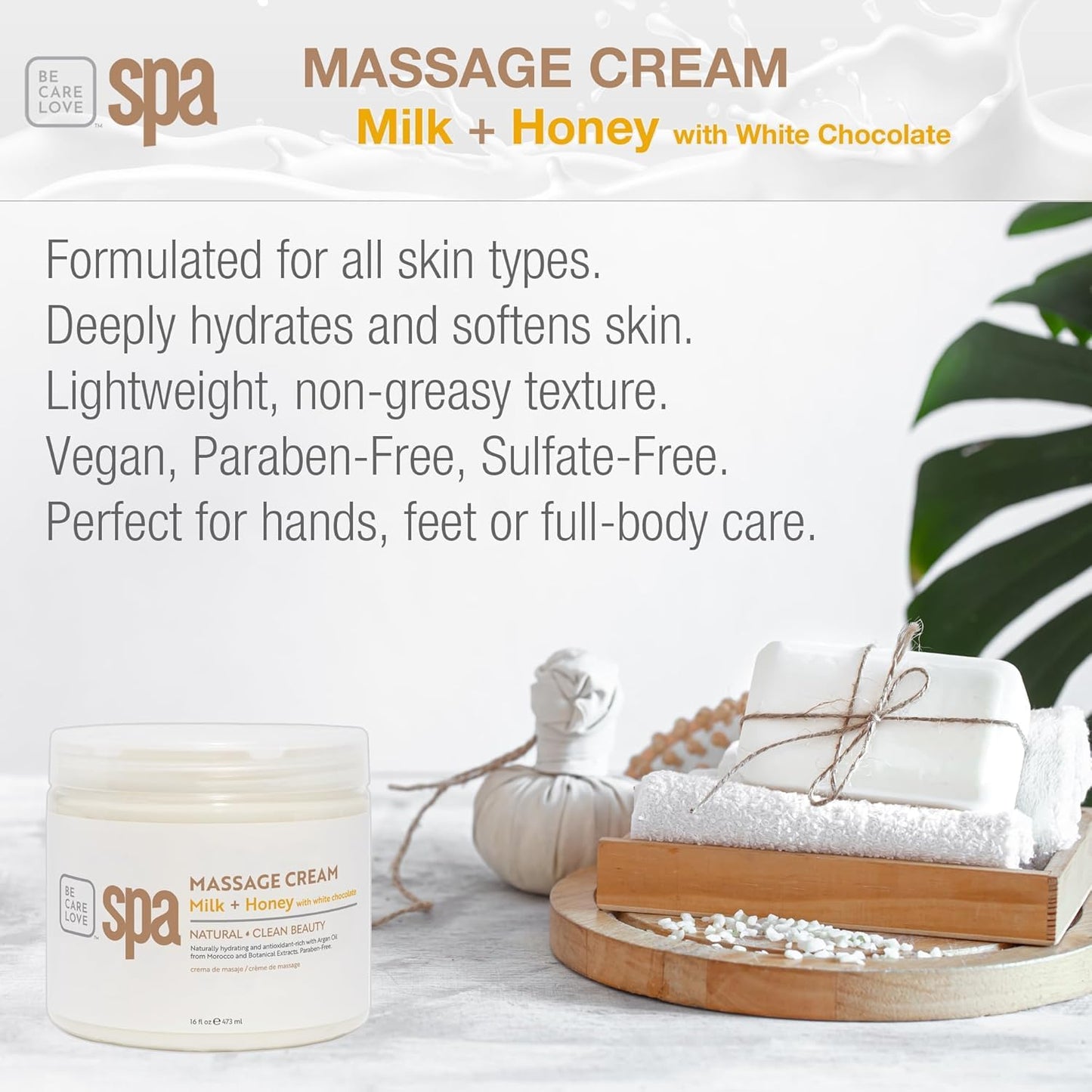BCL SPA Massage Cream Organic Milk & Honey with White Chocolate Body Lotion, Shea Butter, Aloe Vera, Arnica, Peppermint, Kelp, Tea Tree, Olive, Argan