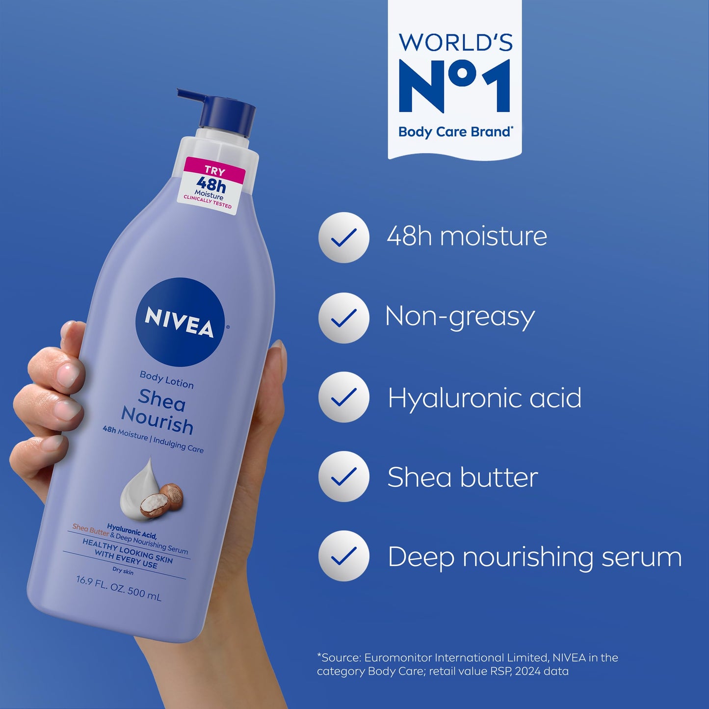 NIVEA Shea Nourish Body Lotion for Dry Skin with Hyaluronic Acid, Shea Butter and Deep Nourishing Serum, 48-Hour Body Moisturizer, 16.9 Fl Oz Pump