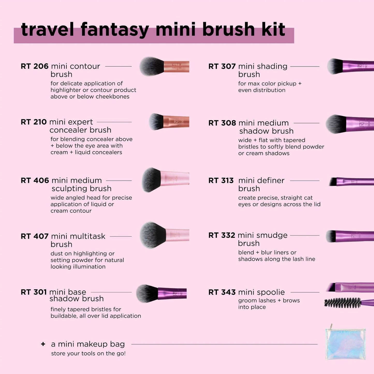 Real Techniques 11 Piece Travel Fantasy Mini Brush Set, Travel Size Makeup Brushes For Foundation Eyeshadow, Powder, Blush, Contour, & Concealer