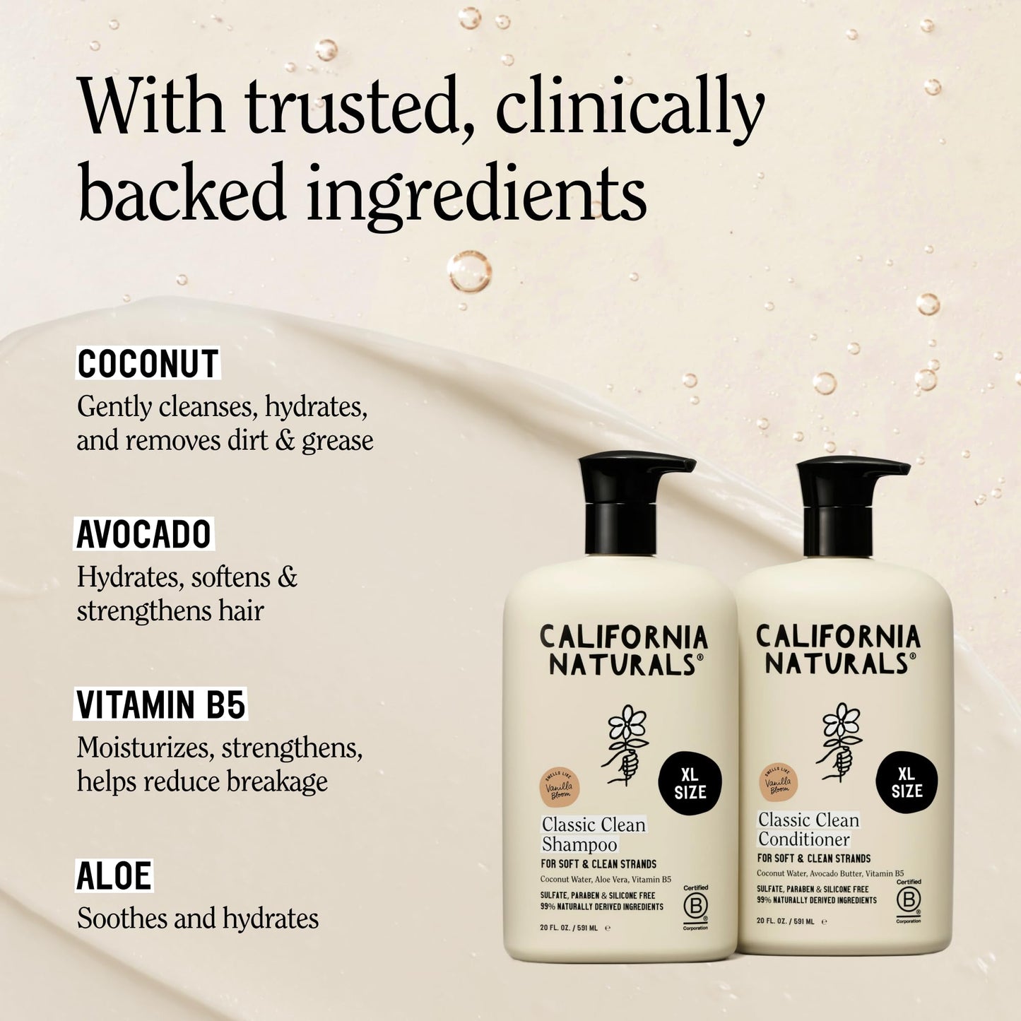 California Naturals Classic Clean Vanilla Bloom Shampoo & Conditioner Set, Natural, Vegan, Cruelty, Silicone, Paraben, and Sulfate Free Shampoo, All