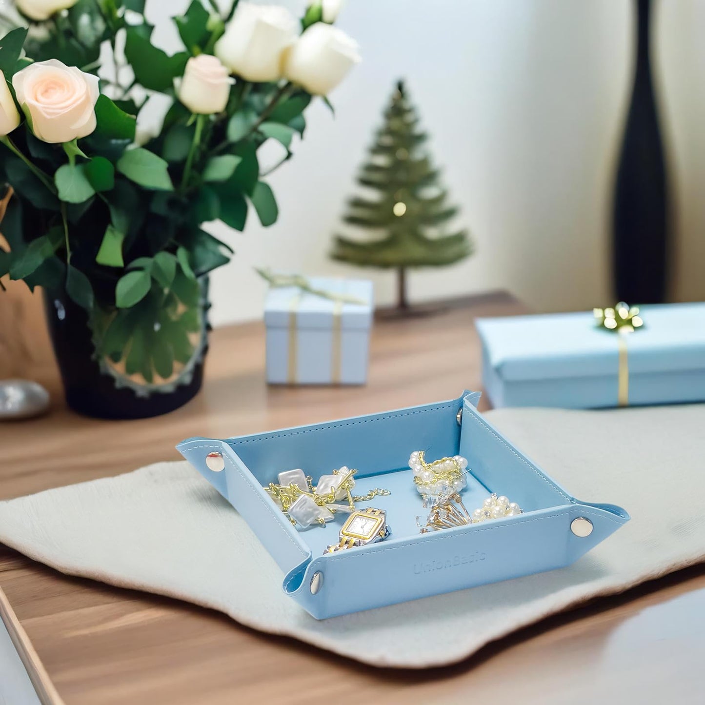 UnionBasic Small Valet Tray, Jewelry Tray for Rings Watches Earrings, Entryway Catchall Caddy for Coins Keys Change, Nightstand Bedside Valet Holder…