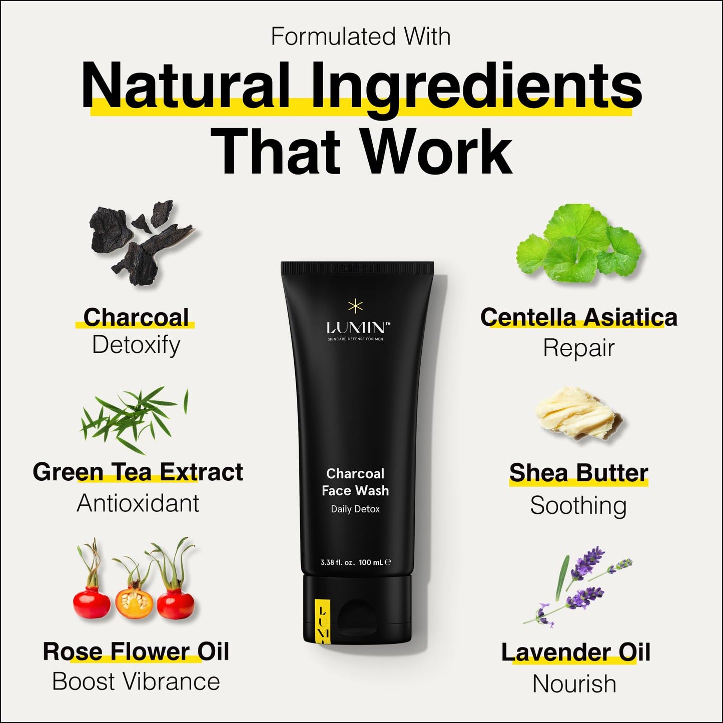 Lumin Charcoal Face Wash for Men - Daily Detox Cleanser, Hydrating Face Wash, Gently Removes Dirt & Oil, Unclogs Pores, Exfoliates, Refreshing