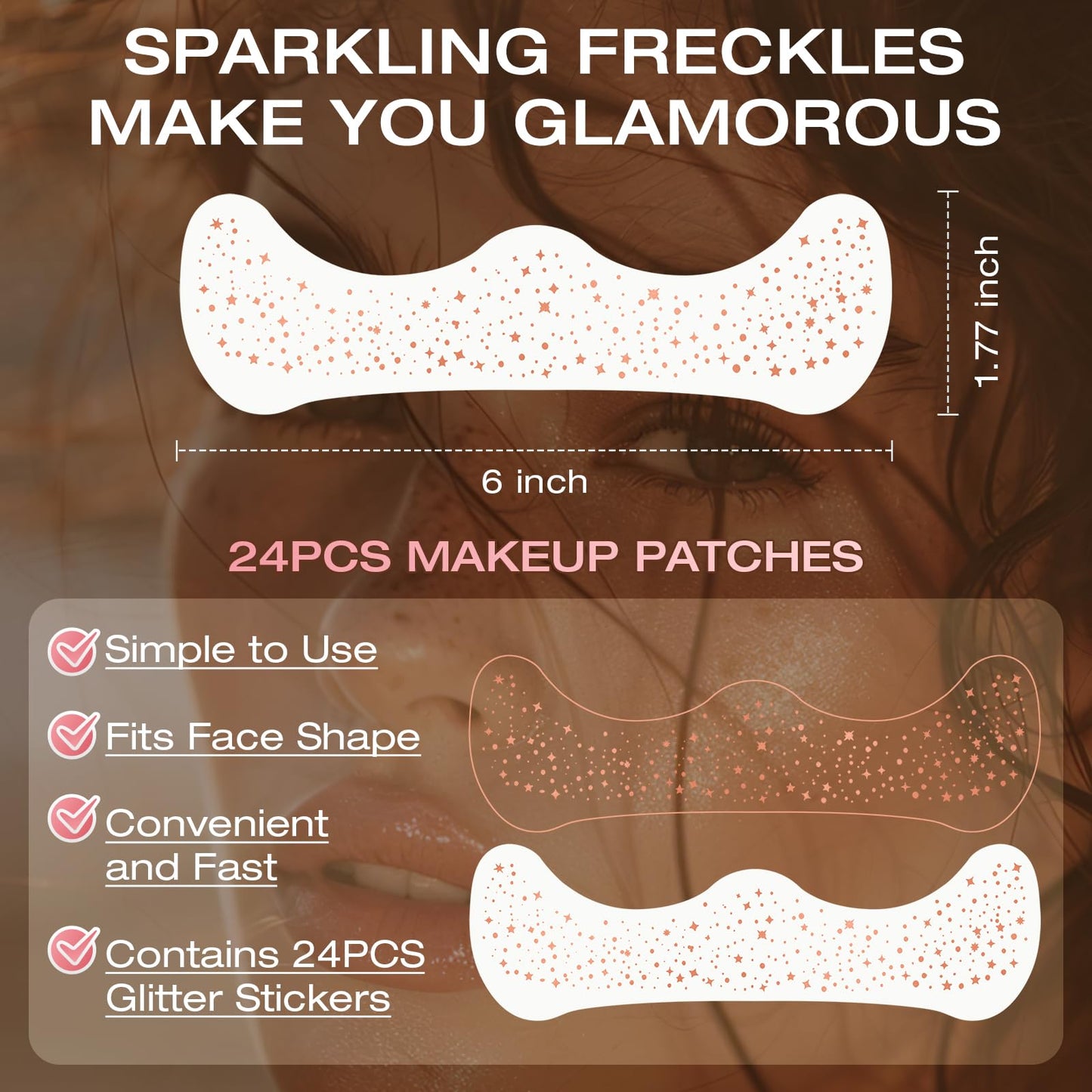 Leterly 24 Pcs Glitter Freckles Face Tattoo,Rose Gold Face Glitter Makeup Patches Cute Sparkle Freckles Patches Waterproof Makeup Speckles for Face