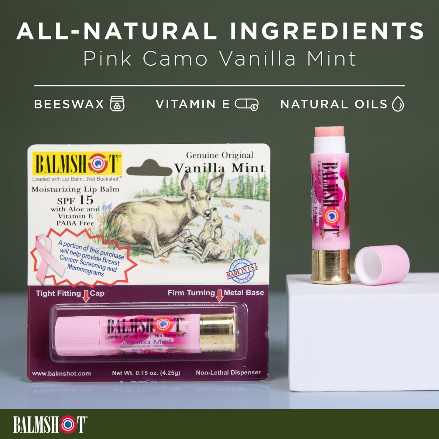 BALMSHOT Camo Vanilla Mint Lip Balm SPF 15 - Beeswax Chapstick in 20-Gauge Brass Shotgun Shell Tube, Outdoor Lip Protector for Hunting, Fishing