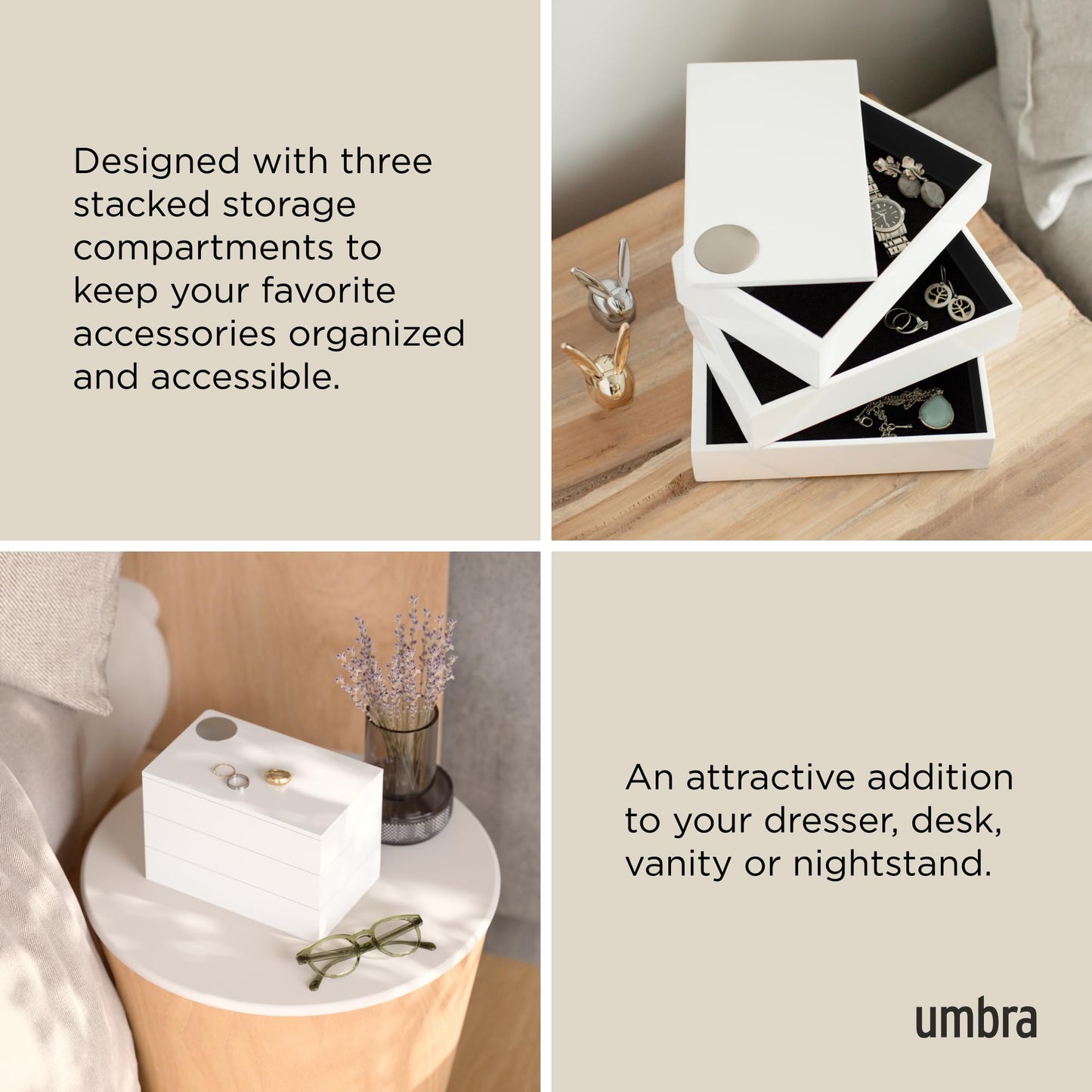 Umbra Spindle Jewlery Box, Stacked Jewelry Box with Three Compartments, High-gloss Finish, White