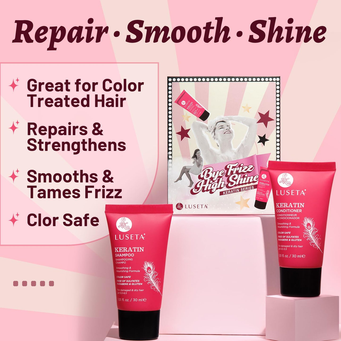 Luseta Keratin Travel Shampoo and Conditioner Set For Dry, Damaged, or Color Treated Hair Smoothing & Hydrating Mini Kit Carry On Friendly Sulfate