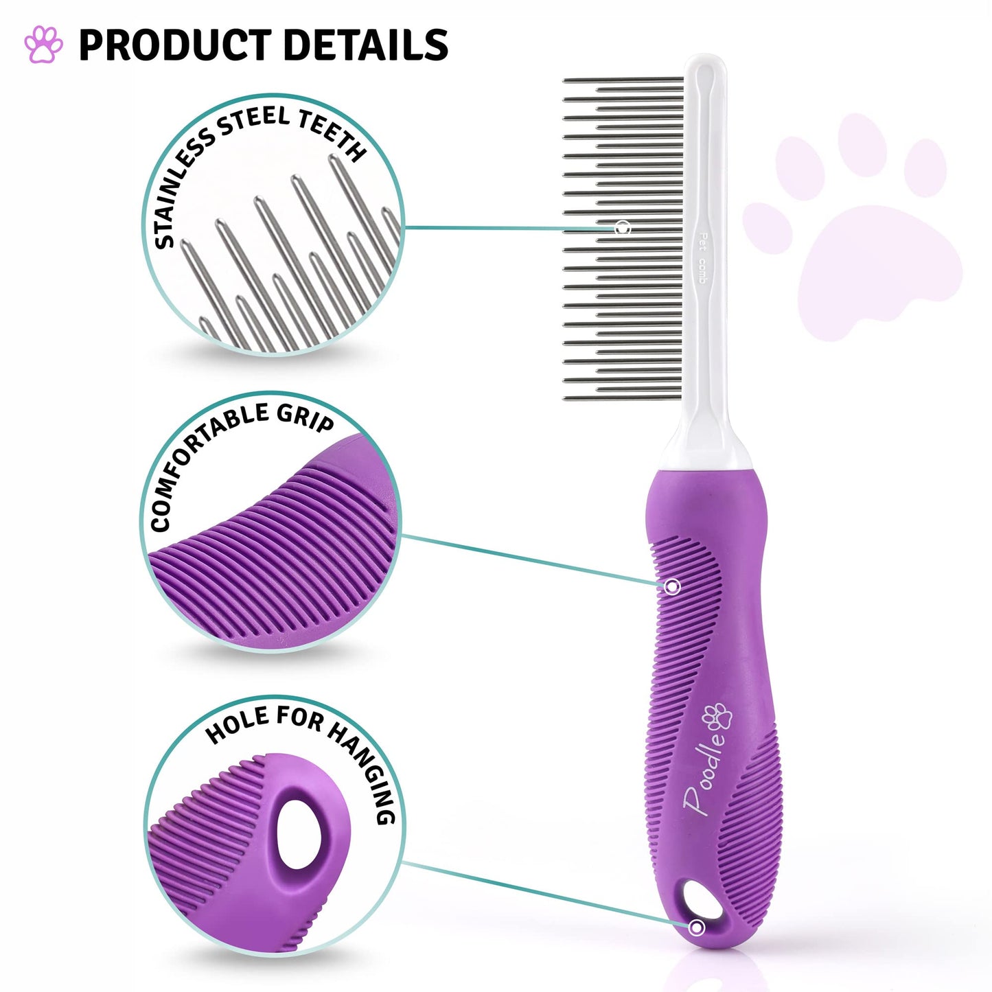 Poodle Pet Detangling Comb – Long & Short Stainless Steel Teeth for Removing Mats, Knots & Tangles, Gentle Grooming for Dogs & Cats