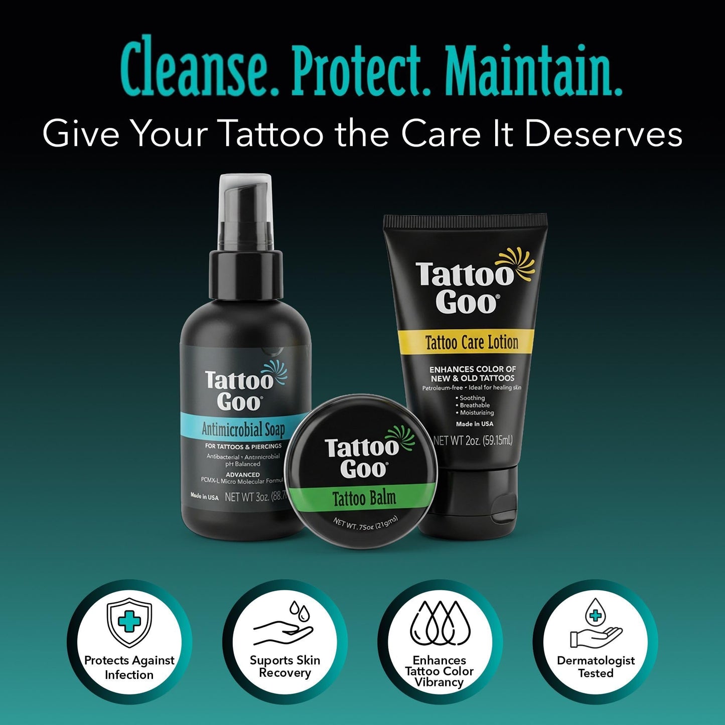 Tattoo Goo Tattoo Aftercare Kit, 3 Piece Set, Includes Antimicrobial Soap, Tattoo Balm & Healing Lotion, Main Vibrant Color & Glow, Complete Kit Beauty and Personal Care Tattoo Goo
