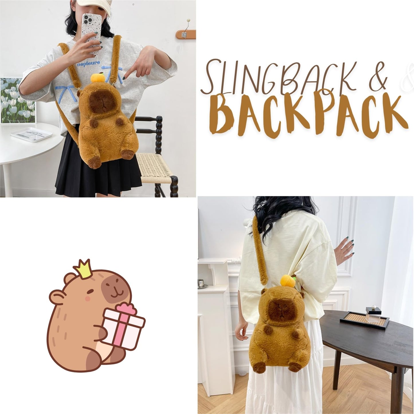 semmoi Capybara Plush Daypack - Kawaii Backpack, Y2K Aesthetic, Cute Daypack, Lightweight (Brown)