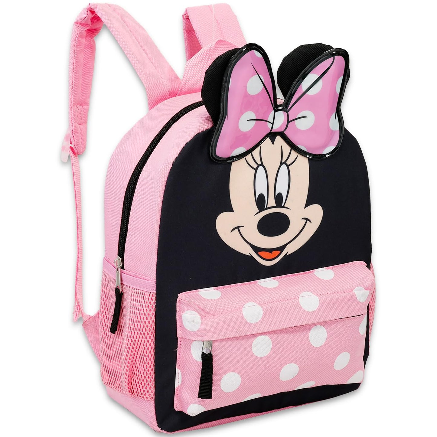 Disney Minnie Mouse Mini Backpack for Toddlers ~ Deluxe 12" Minnie Face Bag with 3D Ears and Bow (Minnie Mouse School Supplies Bundle)