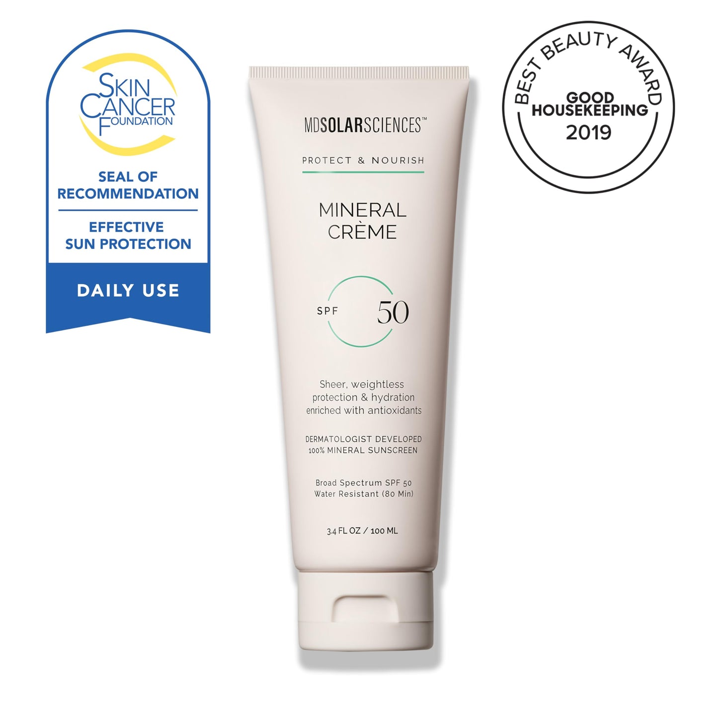 MDSolarSciences Mineral Crème Sunscreen SPF 50 | Water-Resistant Broad Spectrum UV Protection | Zinc Oxide Formula with Antioxidants | No White Cast
