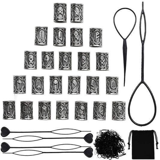 24 PCS Viking Hair Beads Beard Hair Beard Beads 6 PCS Pull Hair Pin Quick Beader 100 PCS Black Rubber Bands and a Bag