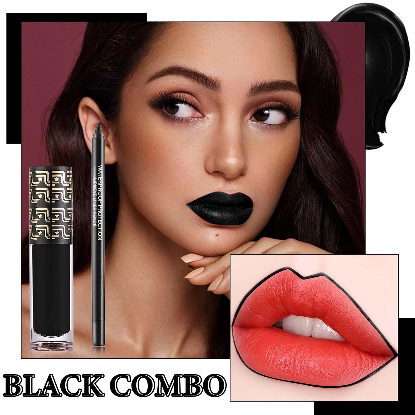 Black Matte Lipstick,2 Pcs Black Matte Lip Liner and Liquid Lipstick Set,Waterproof Long Lasting Lip Gloss Stain,Matte Liquid Lipstick