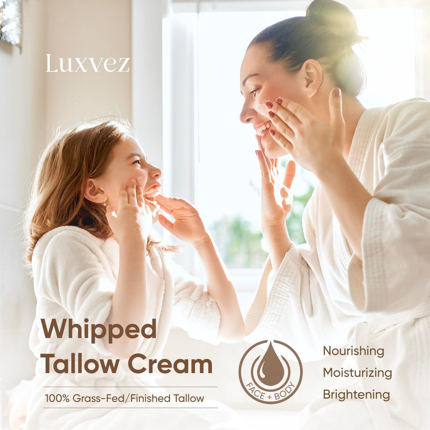 Luxvez Beef Tallow Cream for Skin: Grass-Fed Whipped Tallow Balm with Squalane Jojoba Oil - All Natural Skincare Whipped Moisturizer for Face & Body