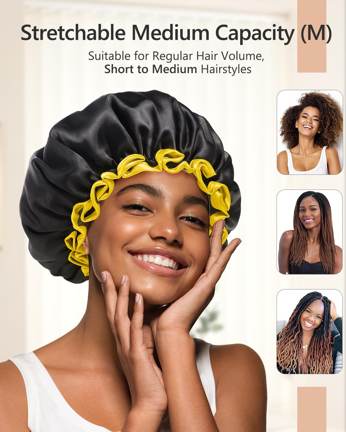 mikimini Black Shower Caps for Women Men & Girls 2 Packs, Reusable, Double Layers Waterproof Bathing Shower Hat with Soft Comfortable PEVA Lining