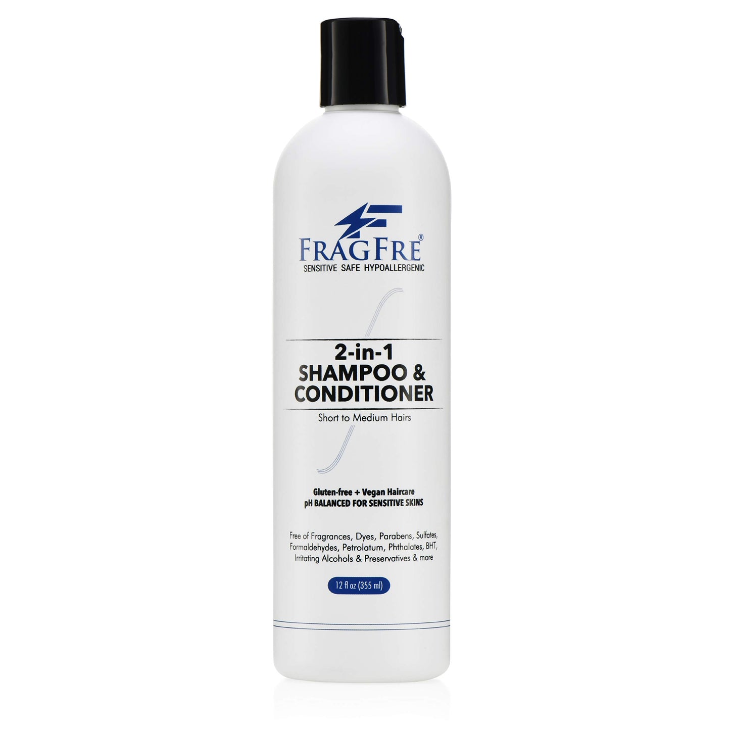 FRAGFRE 2 in 1 Shampoo and Conditioner 12 oz - Fragrance Free Conditioning Shampoo for Short to Medium Hairs - Color Safe Wash and Go - Sulfate Free