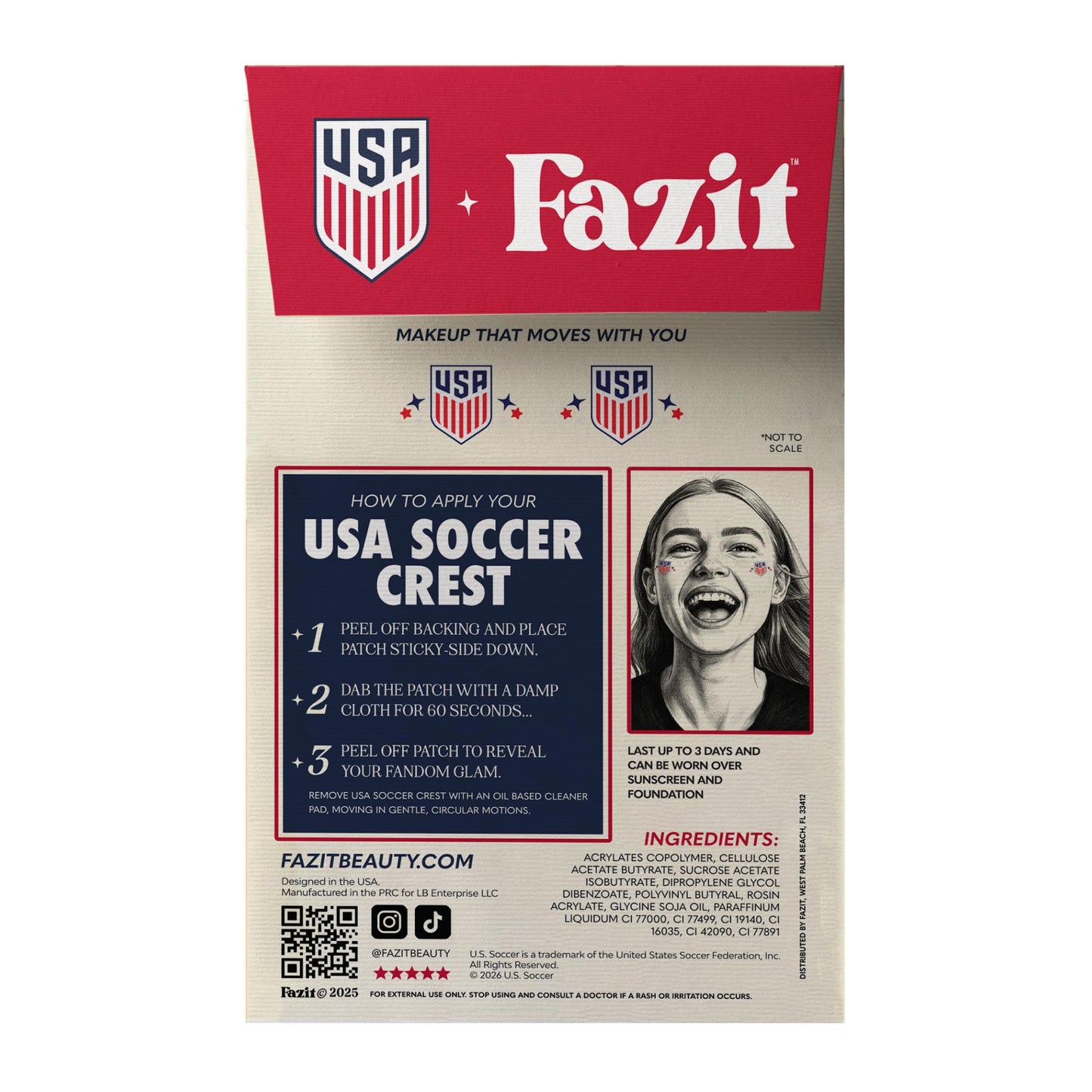 Fazit US Soccer Crest - Red, Blue & Silver Glitter Makeup Patches - Waterproof & Sweat-Proof Face Stickers - Long-Lasting Game Day Glam, USA Spirit