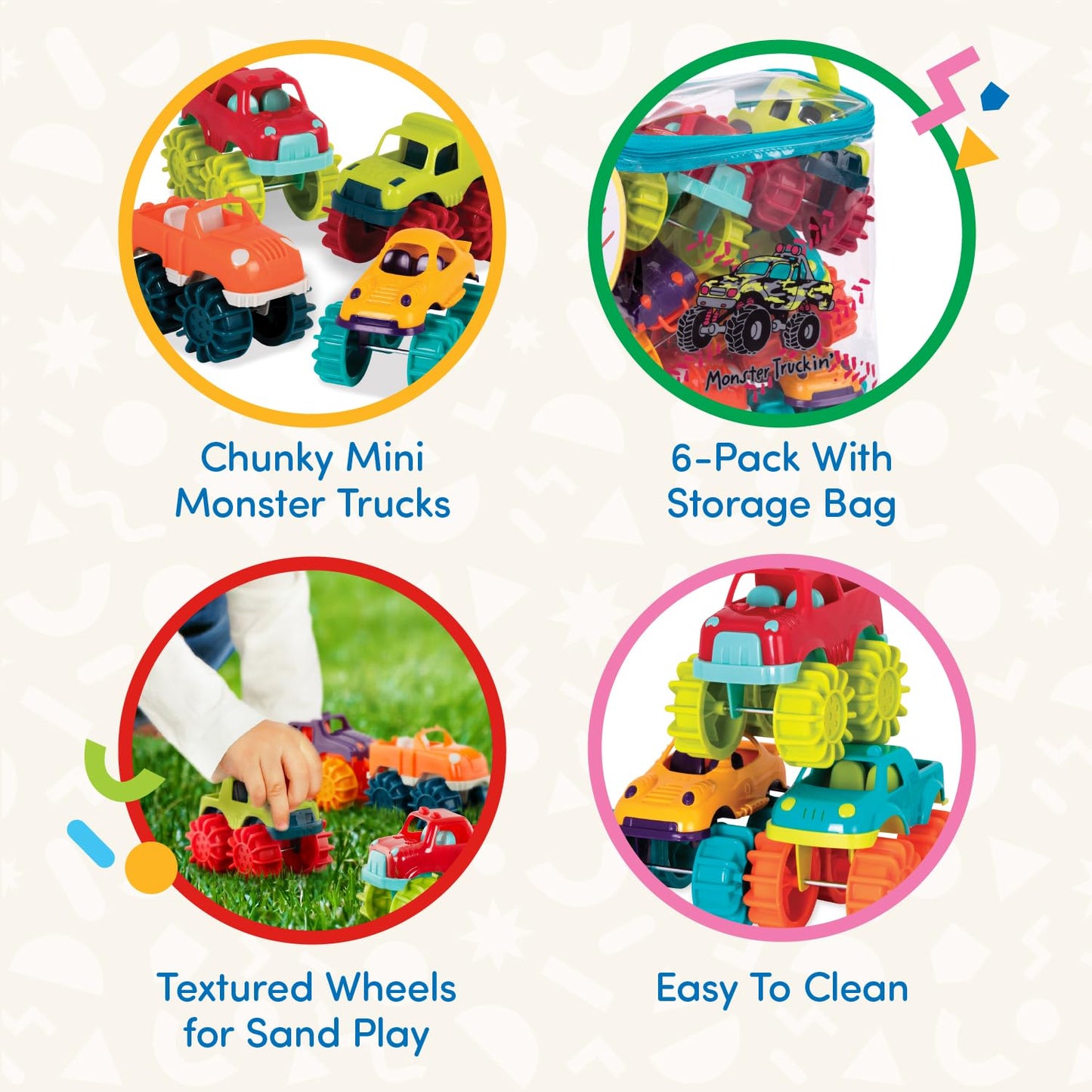 Battat - Plastic Toy Cars - 6 Pack & Storage Bag - Colorful Toddler Trucks - Easy To Clean - 2+ Years - Mini Monster Trucks