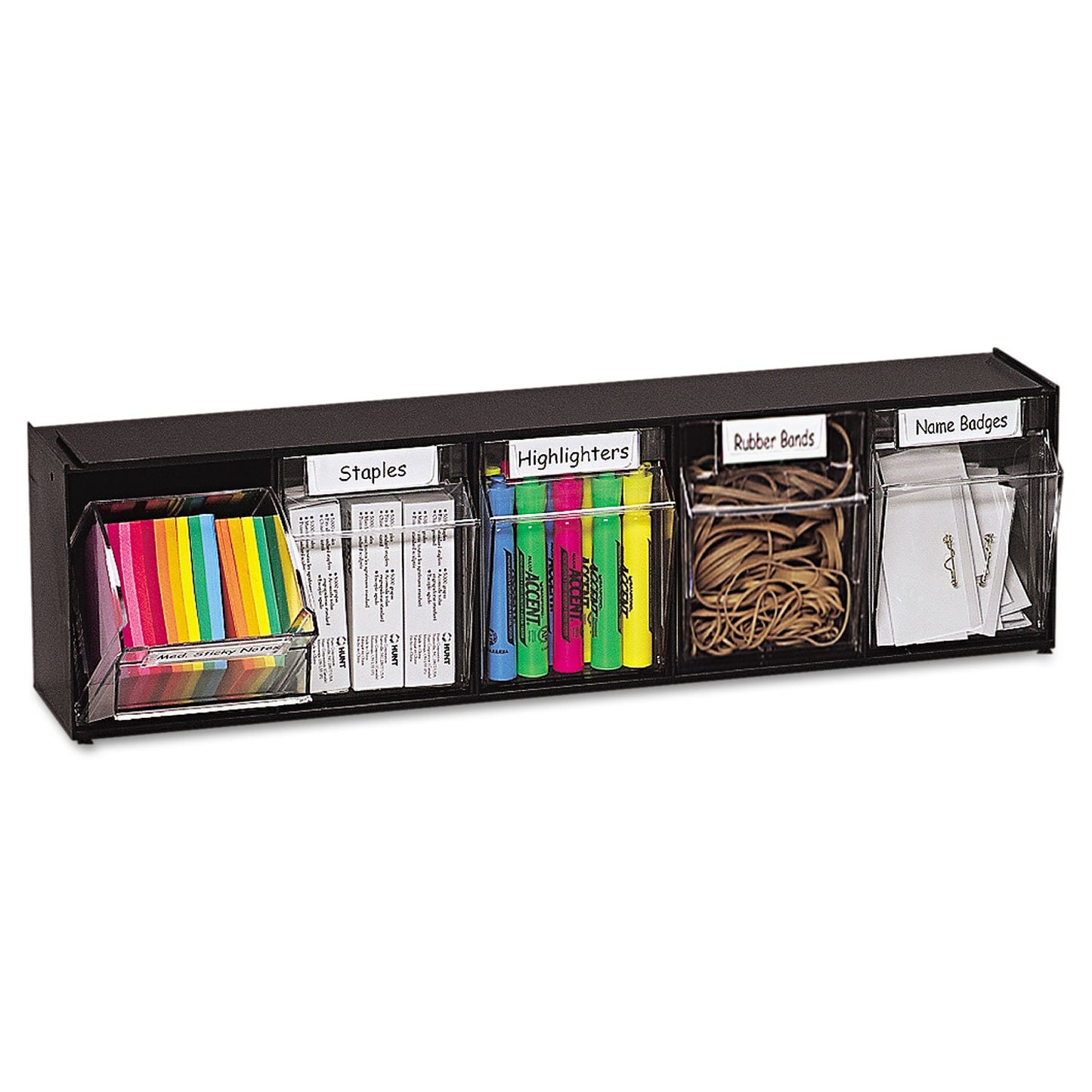 Deflecto 20504OP Tilt Bin Plastic Storage System w/5 Bins, 23 5/8 x 5 1/4 x 6 1/2, Black