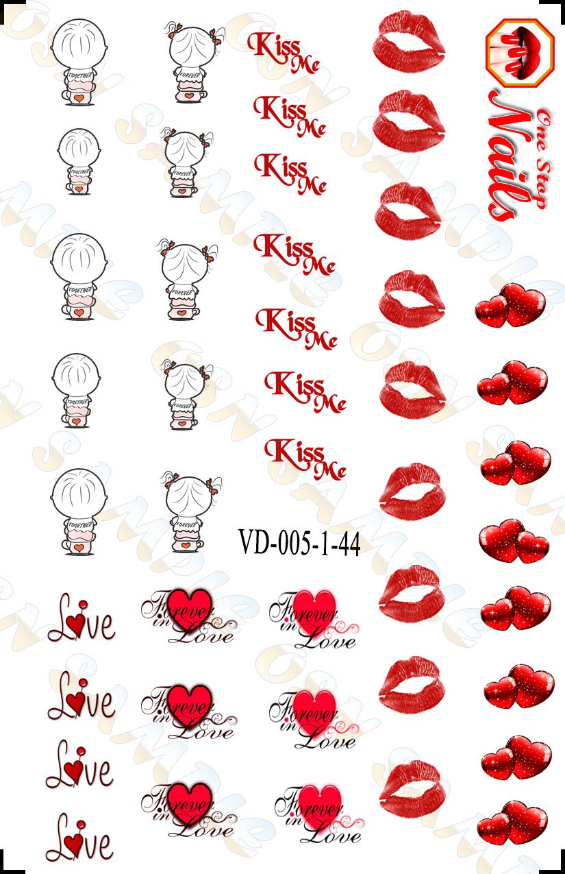 Valentine Nail Art Decals. Valentine Hearts, Boy, Girl, Kisses, Love Nail Art. Set of 36 Waterslide nail art decals. VD005-36 by One Stop Nails Beauty & Personal Care One Stop Nails
