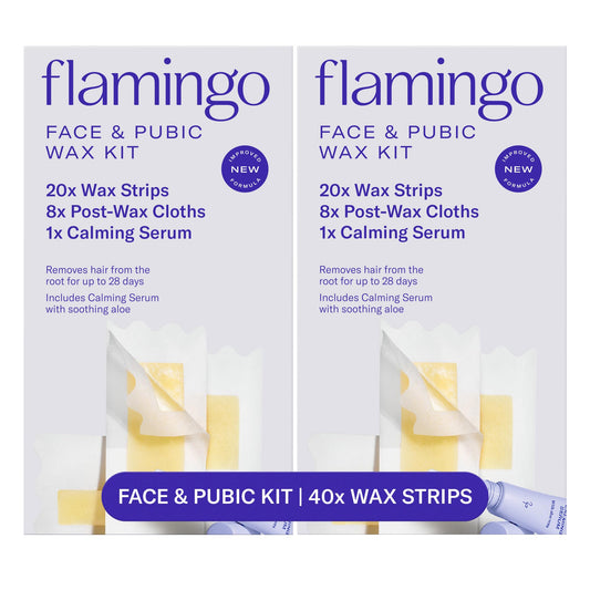 Flamingo Face & Bikini Wax Kit for Women, At Home Wax Strips for Facial Hair Removal and Pubic Hair, 40 Wax Strips, 16 Post-Wax Cloths & 2 Calming Beauty and Personal Care Flamingo