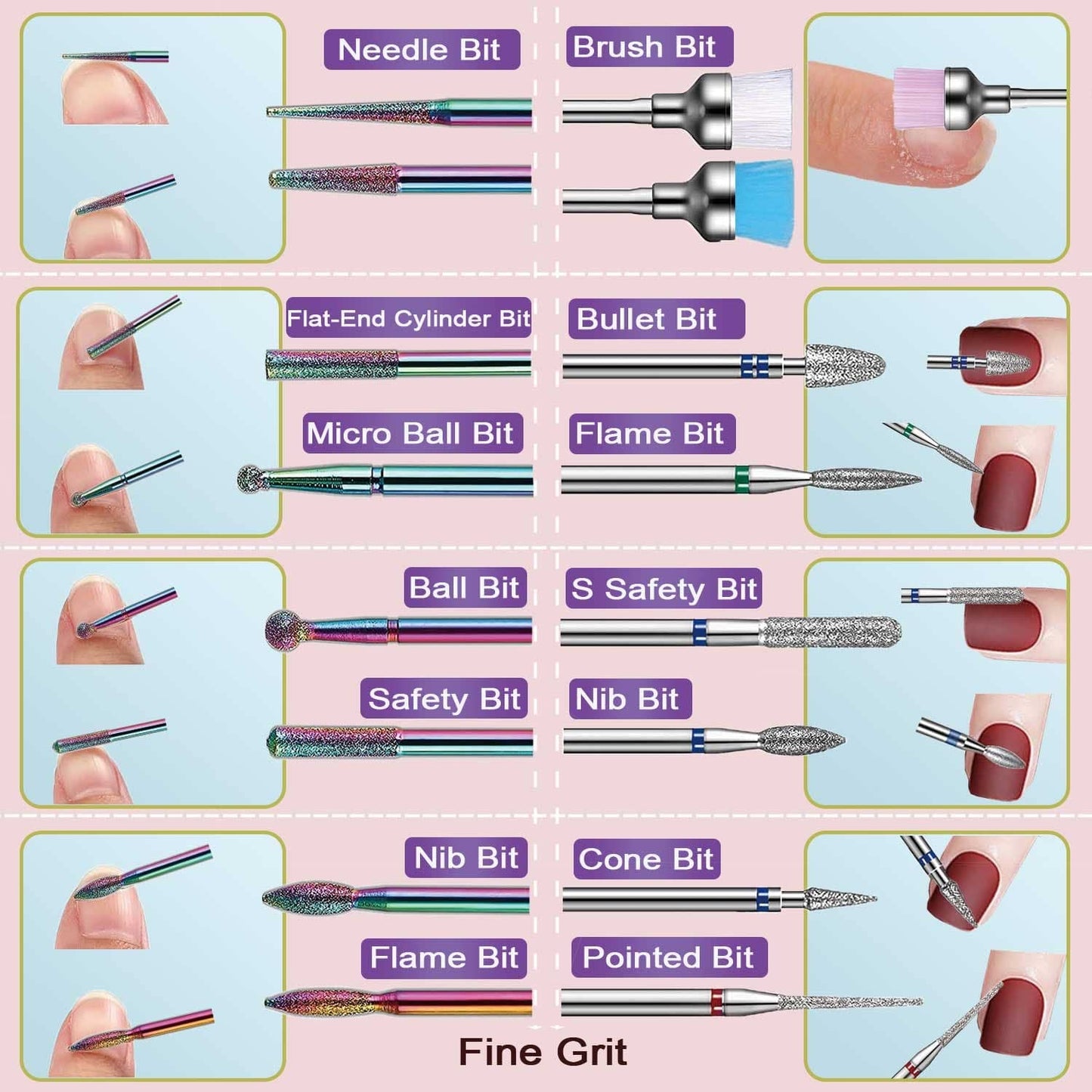 Nail Drill Bits Set, 3/32" Ceramic Tungsten Carbide Diamond Drill Kit,30Pcs Safety Professional Rotary Burrs Polish Nail File Bit for Acrylic Poly