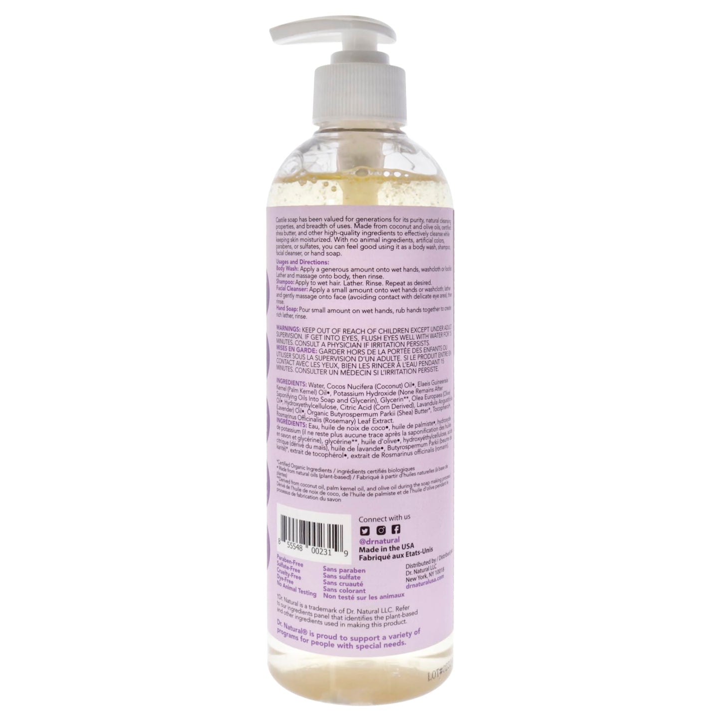 Dr. Natural Castile Liquid Soap - Multi-Use Body Wash, Shampoo and Face Wash - Hydrating Body Soap for Skin, Hair, Pets and Home - Lavender - 16 oz Beauty & Personal Care Dr. Natural