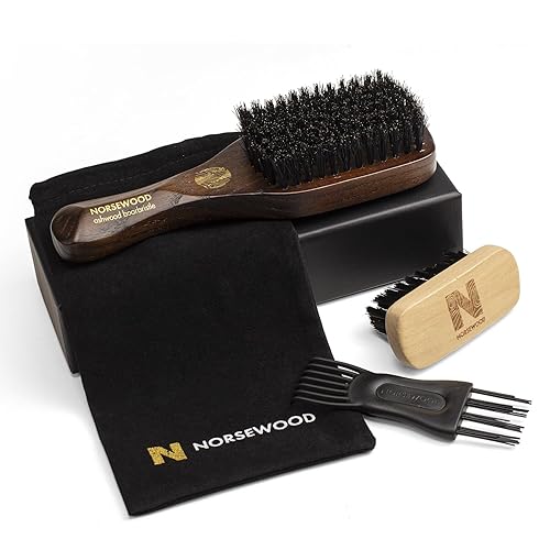 NORSEWOOD Boar Bristle Brush for Shine and Texture - Stiff Bristles for Medium Hair/Beards, Cleaning Brush Included