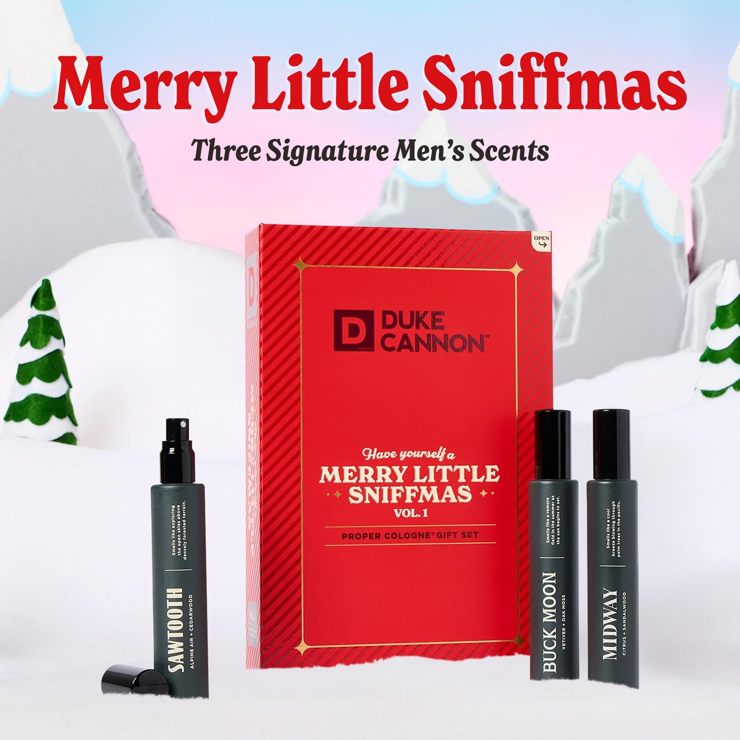 Duke Cannon Merry Little Sniffmas Giftset - travel-sized trio of Duke Cannon Proper Cologne® - Holiday Cologne Gift Set - eau de parfum - Sawtooth