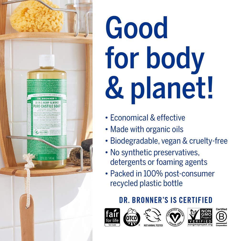 Dr. Bronner's - Pure-Castile Liquid Soap (Almond, 32 ounce) - Made with Organic Oils, 18-in-1 Uses: Face, Body, Hair, Laundry, Pets and Dishes