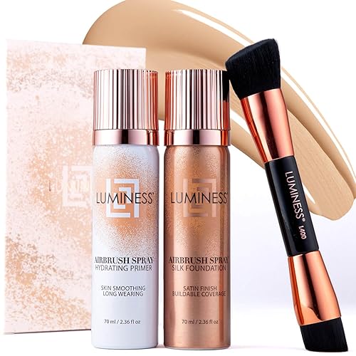 LUMINESS Airbrush Spray Silk Foundation Starter Kit - Fair - Foundation, Primer & Dual-Sided Angled Buffing Brush - Medium, Buildable Coverage