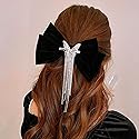 Wekicici Butterfly Rhinestone Hair Clips with Tassel Barrettes and Huge Soft Bows for Women and Girls (Black)