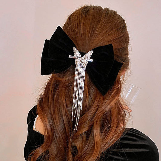 Wekicici Butterfly Rhinestone Hair Clips with Tassel Barrettes and Huge Soft Bows for Women and Girls (Black)