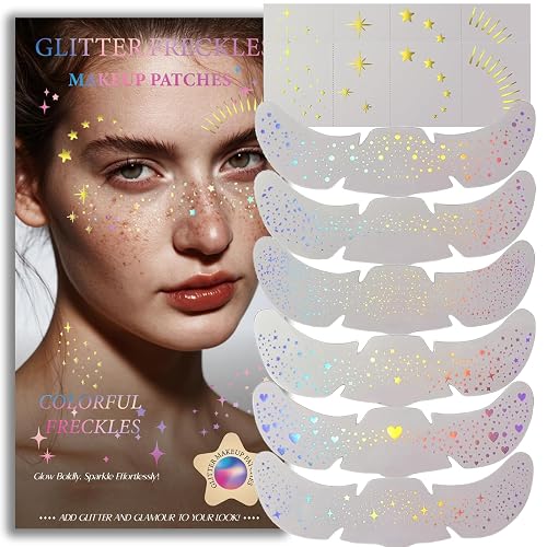 Glitter Freckles, Holographic Face and Body Glitter Tattoo Sparkle for Women Gold Glow Cosmetic Star Makeup Accessories for Festival Rave