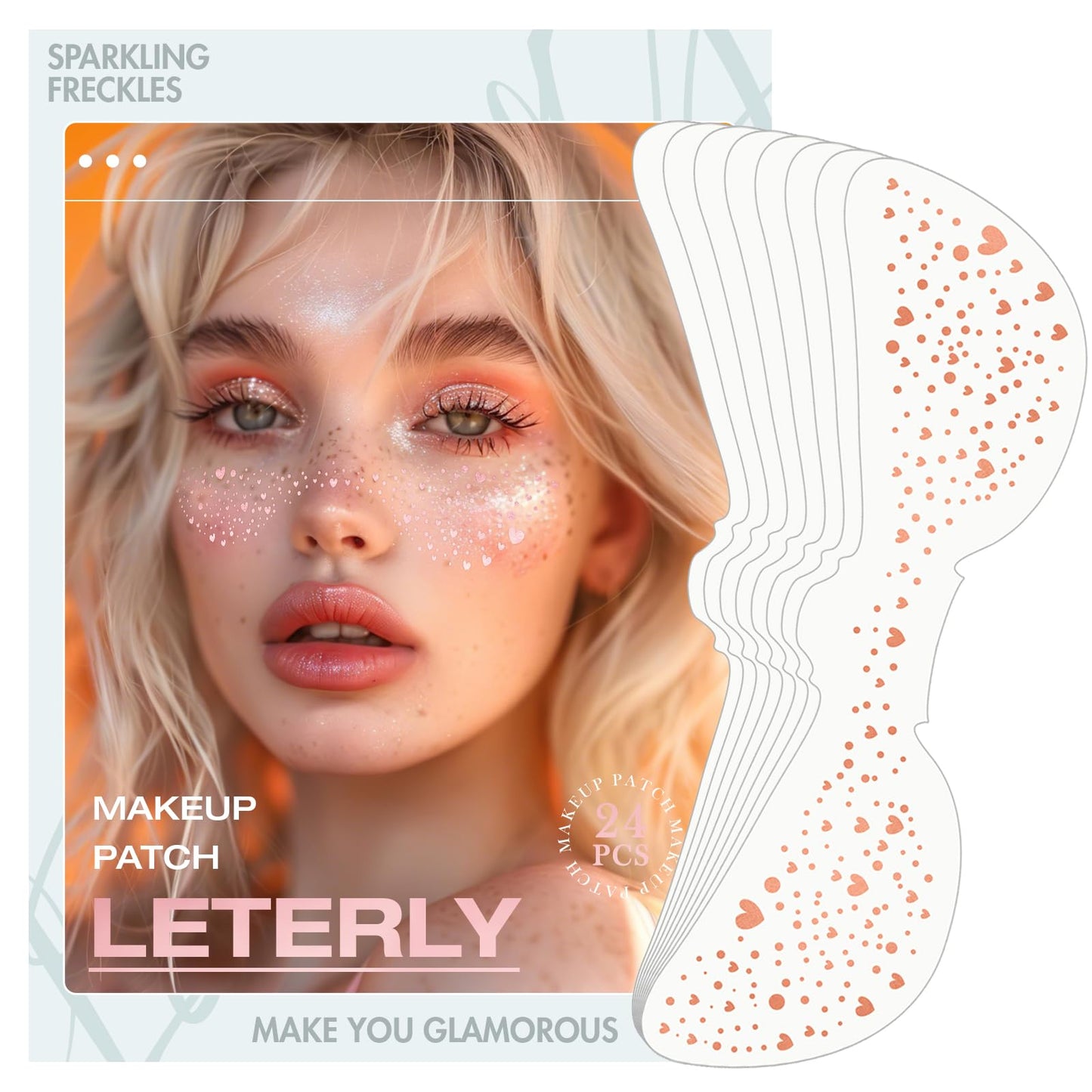 Leterly 24 Pcs Glitter Freckles Face Tattoo,Rose Gold Face Glitter Makeup Patches Cute Sparkle Freckles Patches Waterproof Makeup Speckles for Face