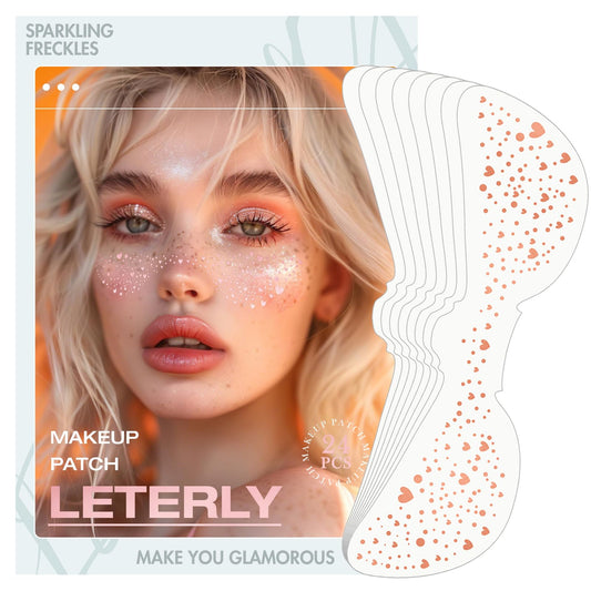 Leterly 24 Pcs Glitter Freckles Face Tattoo,Rose Gold Face Glitter Makeup Patches Cute Sparkle Freckles Patches Waterproof Makeup Speckles for Face