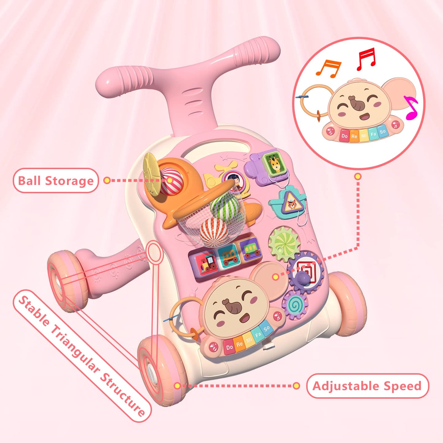 QDRAGON 3-in-1 Baby Walker & Activity Center | Sit-to-Stand Push Toy with Music Panel | Learning to Walk & Early Education | 12+ Months