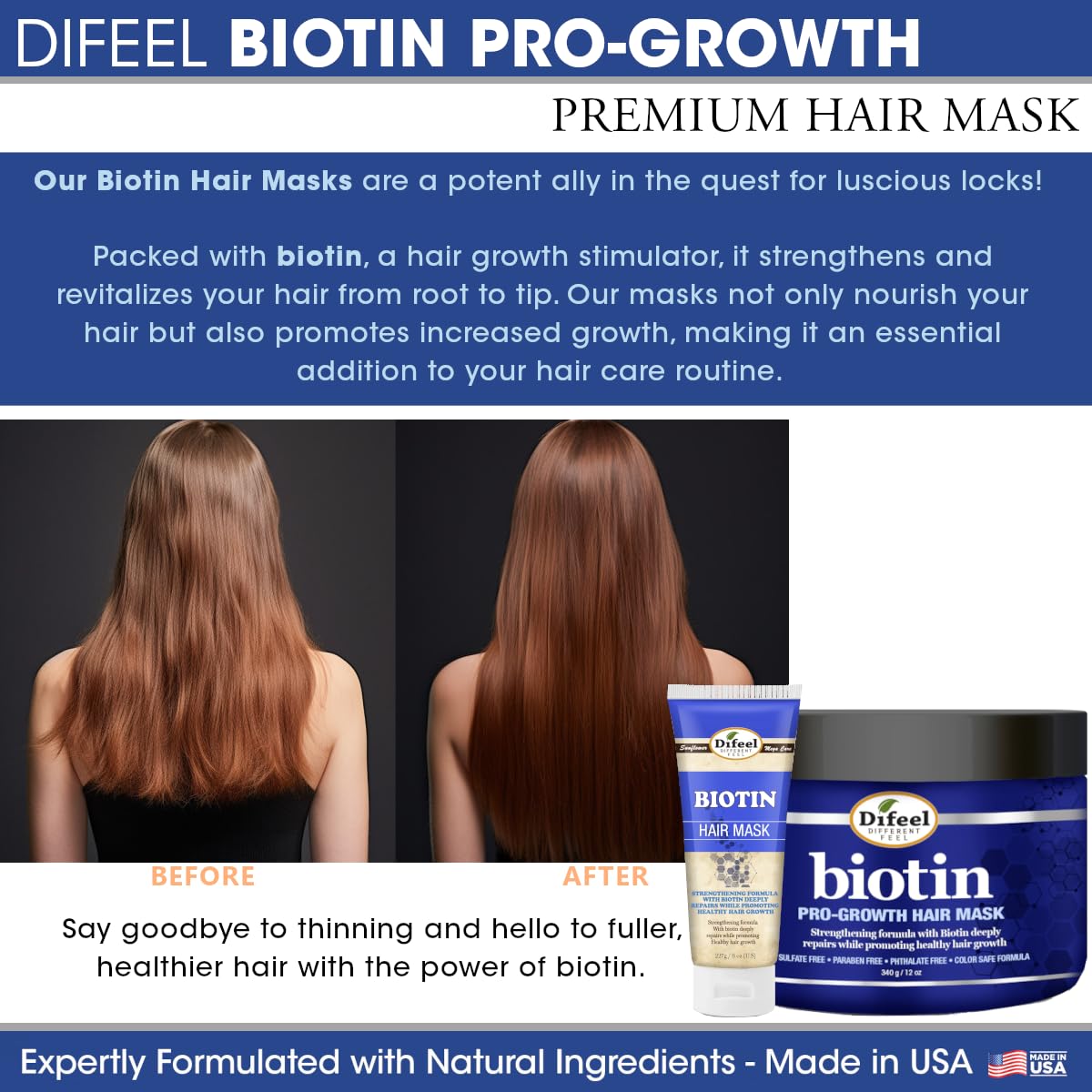 Difeel Pro-Growth Biotin Shampoo 4-PC Set- Includes Biotin Shampoo 33.8 oz, Leave-in Conditioning Spray 6oz, Hair Mask 12 oz AND Biotin Hair Oil