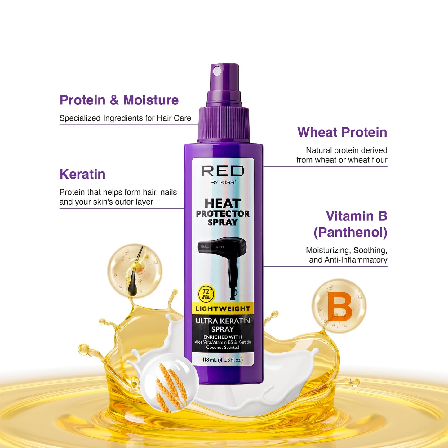 Red by Kiss Heat Protector, 4 Fl Oz - Ultra Keratin Spray for Thermal Protection, Enriched with Vitamin B5 & Keratin, Hydration, Strength, and Anti